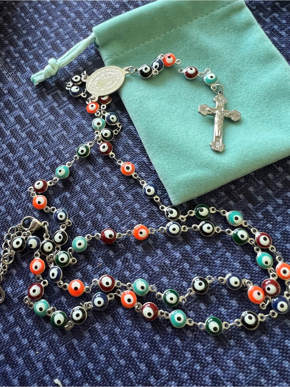 Multicolor turkish Eye Rosary Necklace with Cross silver